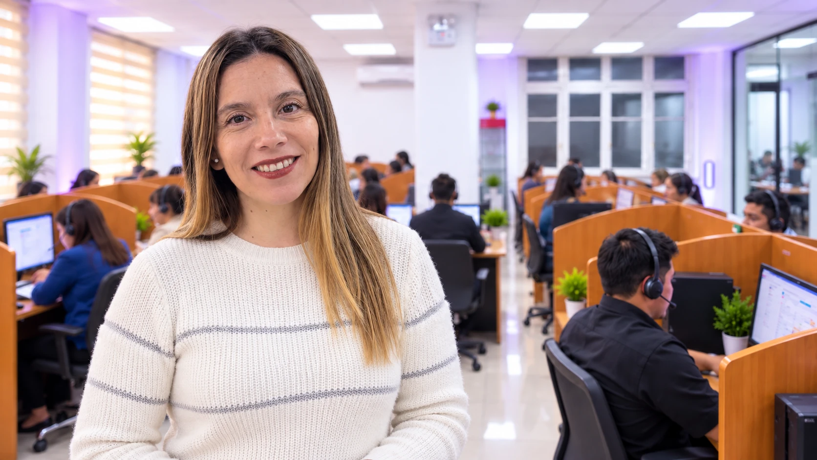 Integrante de AZ Call Center en primer plano, con el equipo atendiendo llamadas al fondo